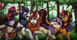 Size: 4550x2370 | Tagged: safe, artist:pridark, autumn blaze, pumpkin smoke, oc, oc:gusty, oc:lotus cinder, griffon, kirin, fanfic:words of power, g4, annoyed, bound wings, cloven hooves, commission, concave belly, cross-popping veins, emanata, fanfic art, female, fluffy, forest, forest background, group, hooves, kirin oc, male, nervous sweat, open mouth, open smile, outdoors, quintet, smiling, sweat, sweatdrop, tree, walking, wings
