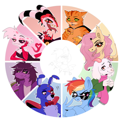 Size: 3000x3000 | Tagged: safe, artist:rtootb, fluttershy, rainbow dash, arachnid, bat pony, cat, demon, goat, imp, pegasus, pony, rabbit, robot, spider, undead, anthro, g4, angel dust (hazbin hotel), animal, animatronic, anthro with ponies, bat ponified, bat wings, blitzo buckzo, blood, blushing, bonnie (fnaf), cape, chalk, choker, cigarette, circle, closed mouth, clothes, color wheel, color wheel challenge, cooler, cute, deltarune, ear tufts, eyeshadow, fangs, female, femboy, five nights at freddy's, five nights at freddy's: security breach, flutterbat, freckles, glasses, gloves, grin, hazbin hotel, hellaverse, hellborn, helluva boss, high res, horns, jacket, lidded eyes, looking at you, magenta eyes, makeup, male, mare, open mouth, pink eyes, puss in boots, race swap, ralsei, red eyes, scarf, simple background, simple shading, sinner demon, slit pupils, smiling, smoking, spider demon, spread wings, sunglasses, susie (deltarune), tongue out, wings