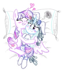 Size: 1166x1328 | Tagged: safe, artist:jack107401, smarty pants, trixie, twilight sparkle, alicorn, pony, g4, bed, blushing, cheek squish, clothes, costume, duo, eyes closed, floating heart, frown, grin, heart, hug, implied lesbian, implied shipping, implied twixie, pillow, plushie, smiling, squishy cheeks, twilight sparkle (alicorn)