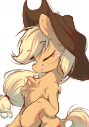 Size: 1534x2184 | Tagged: safe, artist:starbow, part of a set, applejack, earth pony, pony, g4, applejack's hat, bipedal, chest fluff, cowboy hat, cute, eyebrows, eyebrows visible through hair, female, fluffy, freckles, hat, jackabetes, leg fluff, looking at you, mare, one eye closed, simple background, smiling, smiling at you, solo, white background, wink, winking at you