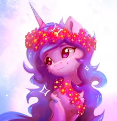 Size: 1584x1627 | Tagged: safe, artist:itssim, izzy moonbow, pony, unicorn, g5, chest fluff, cute, eyebrows, female, floral head wreath, flower, horn, izzybetes, mare, smiling, solo