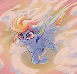 Size: 1540x1487 | Tagged: safe, artist:k_lash147, rainbow dash, pegasus, pony, g4, cloud, eye clipping through hair, female, flying, mare, sky, smiling, solo, spread wings, wings