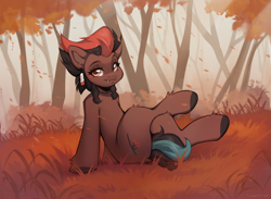 Size: 3889x2846 | Tagged: safe, artist:sugarstar, oc, oc only, oc:ash mountain, earth pony, pony, autumn, crossed legs, ear piercing, eyebrow piercing, fangs, forest, grass, high res, leaves, outdoors, piercing, sitting, smiling, solo, tree