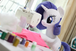 Size: 1280x854 | Tagged: safe, artist:nekokevin, rarity, pony, unicorn, g4, cute, female, irl, mare, photo, plushie, sewing, sewing machine, smiling, solo