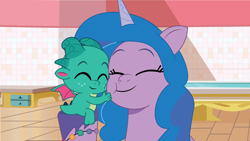 Size: 2400x1350 | Tagged: safe, artist:prixy05, izzy moonbow, sparky sparkeroni, dragon, pony, unicorn, g5, my little pony: tell your tale, cheek squish, duo, hug, squishy cheeks