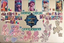 Size: 4032x2723 | Tagged: safe, hitch trailblazer, izzy moonbow, pipp petals, sunny starscout, zipp storm, oc, oc:tealmint moonrise, alicorn, earth pony, pegasus, pony, unicorn, g5, collage, computer, high res, horn, laptop computer, mane five, solo focus, sticker, sticker pack, sticker set, traditional art, unicorn oc, watercolor painting
