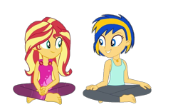 Size: 900x540 | Tagged: safe, artist:mlpfan3991, sunset shimmer, oc, oc:flare spark, human, equestria girls, g4, my little pony equestria girls: better together, wake up!, wake up!: rainbow dash, clothes, female, jewelry, looking at each other, looking at someone, necklace, pants, simple background, smiling, tank top, transparent background, yoga, yoga pants