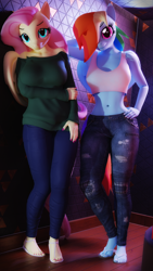 Size: 2160x3840 | Tagged: safe, artist:artempredator, fluttershy, pinkie pie, rainbow dash, twilight sparkle, pegasus, anthro, plantigrade anthro, g4, 3d, belly button, blender, clothes, denim, feet, female, hair over one eye, heel pop, high res, jeans, leaning, looking at you, micro, midriff, model, nail polish, pants, sandals, sweater, tank top, toenail polish, toes