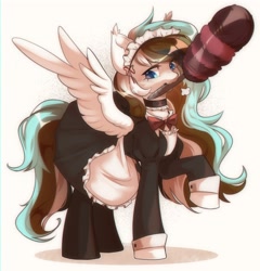 Size: 2788x2908 | Tagged: safe, artist:pledus, oc, oc only, oc:luka mint, pegasus, pony, blushing, bow, choker, chromatic aberration, clothes, dress, duster, high res, looking at you, maid, maid headdress, pegasus oc, raised leg, shadow, signature, simple background, socks, solo, spread wings, stockings, thigh highs, white background, wings