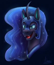 Size: 1100x1306 | Tagged: safe, artist:lima-laym, nightmare moon, alicorn, pony, g4, black background, blue eyes, blue mane, bust, curved horn, digital art, ethereal mane, eyelashes, fangs, female, flowing mane, helmet, horn, mare, open mouth, open smile, peytral, portrait, signature, simple background, smiling, solo, sparkles, starry mane, stars, teeth