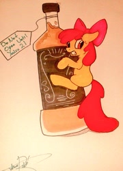 Size: 738x1024 | Tagged: safe, artist:jorobro, apple bloom, earth pony, pony, g4, alcohol, bottle, drink, female, filly, foal, label, solo, text, tiny, tiny ponies, traditional art
