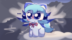 Size: 3840x2160 | Tagged: safe, artist:cushyhoof, fairy, fairy pony, original species, pony, ..., 4k, blushing, bow, cirno, crystal wings, cute, fairy wings, female, high res, ice, lake, mare, mountain, ponified, snow, solo, touhou, unamused, water, wingding eyes, wings