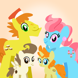 Size: 1400x1400 | Tagged: safe, artist:mlplary6, carrot cake, cup cake, pound cake, pumpkin cake, earth pony, pegasus, pony, unicorn, g4, bow, cake twins, colt pound cake, cute, family, female, filly pumpkin cake, hair bow, hat, husband and wife, looking at each other, looking at someone, looking at you, male, mare, older, older pound cake, older pumpkin cake, poundabetes, pumpkinbetes, ship:carrot cup, shipping, siblings, smiling, smiling at you, stallion, straight, the cakes, twins