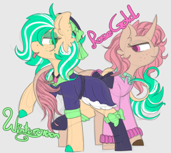 Size: 1280x1141 | Tagged: safe, artist:umbreow, oc, oc:rose gold, oc:wintergreen, earth pony, pony, unicorn, clothes, female, mare, tongue out