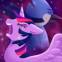 Size: 1080x1080 | Tagged: safe, artist:drag0nsheep, twilight sparkle, alicorn, bird, pony, g4, aeroplanes and meteor showers, crossover, crossover shipping, crying, duo, ears back, eyes closed, female, male, mordecai, mordetwi, open mouth, regular show, shipping, straight, twilight sparkle (alicorn)