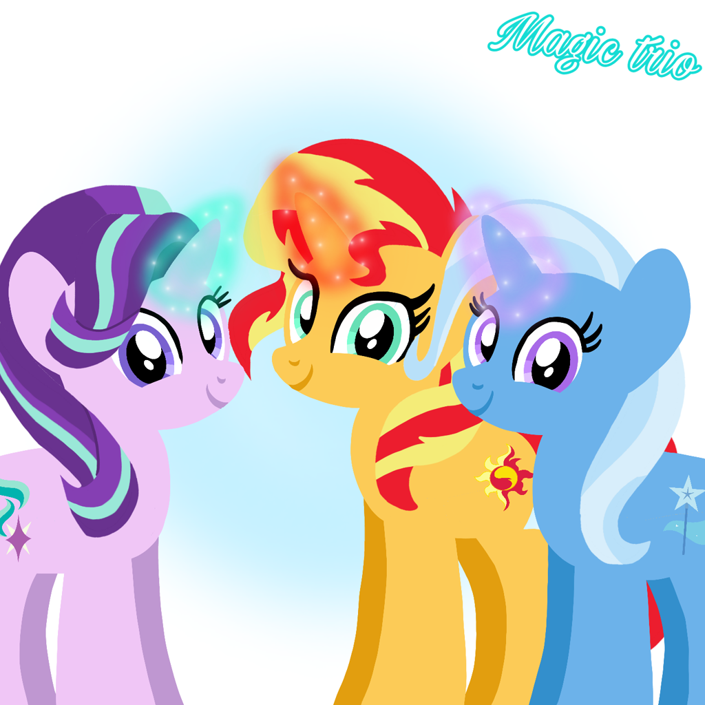 [female,friends,looking at you,magic,magic aura,mare,pony,safe,trixie,unicorn,sunset shimmer,starlight glimmer,smiling,smiling at you,artist:mlplary6]