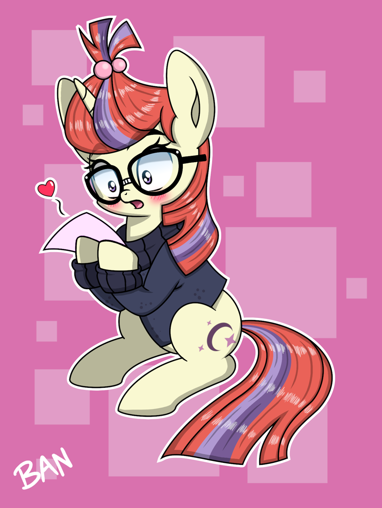 [blushing,clothes,female,glasses,moondancer,open mouth,pony,safe,sitting,solo,sweater,unicorn,artist:banquo0]