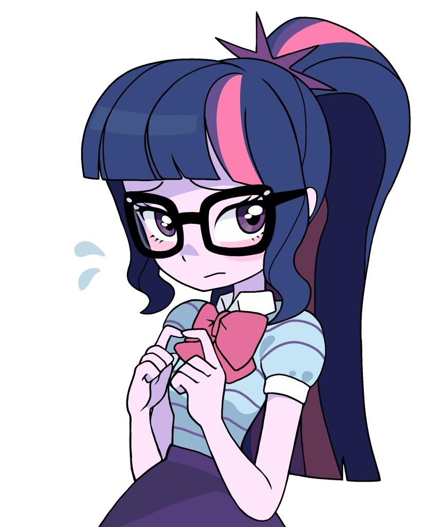 [blushing,clothes,cute,equestria girls,female,g4,glasses,high res,human,ponytail,safe,simple background,solo,twilight sparkle,white background,looking away,twiabetes,sci-twi,emanata,plewds,fingers together,artist:cheesesauce_45]