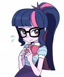 Size: 1870x2232 | Tagged: safe, artist:cheesesauce_45, sci-twi, twilight sparkle, human, equestria girls, g4, blushing, clothes, cute, emanata, female, fingers together, glasses, high res, looking away, meganekko, moe, nerd, plewds, ponytail, simple background, solo, twiabetes, white background