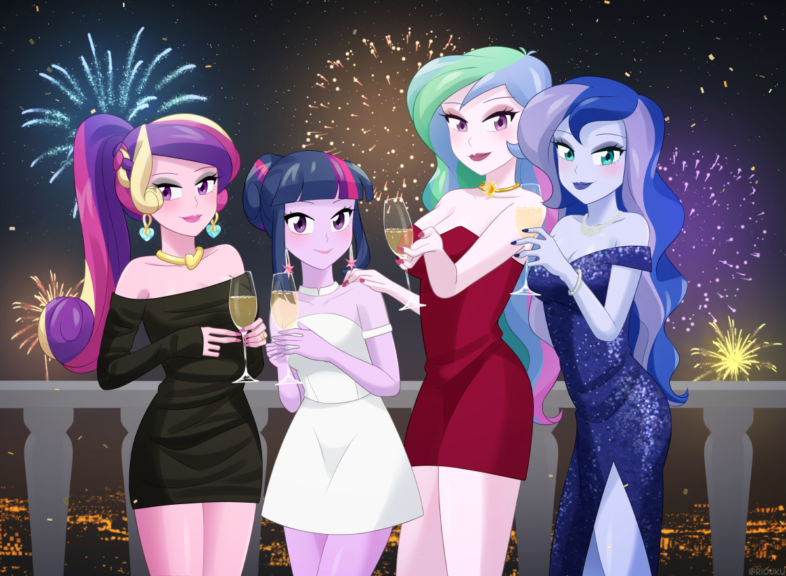 [alcohol,alternate hairstyle,bracelet,champagne,choker,clothes,commission,cute,cutelestia,dress,earring,elegant,equestria girls,eyeshadow,female,fireworks,g4,group,happy new year,holiday,human,jewelry,lipstick,makeup,nail polish,necklace,new year,night,piercing,ponytail,princess cadance,princess celestia,princess luna,safe,siblings,sisters,twilight sparkle,wine,ear piercing,quartet,principal celestia,twiabetes,vice principal luna,royal sisters,lunabetes,artist:riouku,cutedance,dean cadance,sisters-in-law,champagne glass,2024,happy new year 2024]