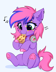Size: 3150x4000 | Tagged: safe, artist:pesty_skillengton, oc, oc only, pony, blue background, chibi, cute, eating, female, food, headphones, mare, nom, pizza, simple background, sitting, solo