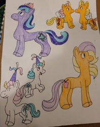 Size: 400x508 | Tagged: safe, artist:mintwhistle, bright bramley, clever clover, fire (g2), flame (g2), giggles, wiggles (g2), earth pony, pony, g2, baby, baby pony, baseball cap, cap, eyes closed, fake wings, female, filly, foal, hat, hennin, looking at each other, looking at someone, looking up, male, mare, open mouth, open smile, rearing, siblings, smiling, smiling at each other, stallion, style emulation, tail, traditional art, twins, two toned mane, two toned tail, unshorn fetlocks, upa