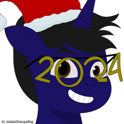 Size: 3000x3000 | Tagged: safe, alternate version, artist:alejandrogmj, oc, oc only, oc:flash macintosh, pony, unicorn, g5, 2024, christmas, happy new year 2024, hat, high res, holiday, santa hat, simple background, solo, tell your tale accurate, transparent background