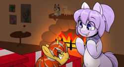 Size: 2212x1200 | Tagged: safe, artist:ahobobo, oc, oc only, oc:cinderheart, oc:mio (higglytownhero), earth pony, fox, pony, unicorn, :p, belly button, birthday, birthday gift, bluey, box, female, fire, fireplace, gift art, mare, plushie, pony in a box, present, silly, tongue out