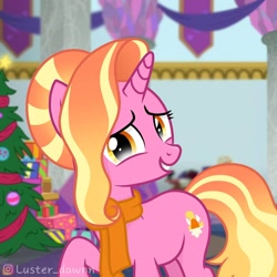Size: 1080x1080 | Tagged: safe, luster dawn, pony, unicorn, g4, christmas, christmas tree, clothes, female, hearth's warming, holiday, present, scarf, solo, tree