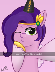 Size: 2160x2800 | Tagged: safe, artist:cobaltskies002, pipp petals, pegasus, pony, g5, duckface, female, happy new year, happy new year 2024, hat, headband, high res, holiday, mare, one eye closed, party hat, selfie, solo, unshorn fetlocks, witch pipp