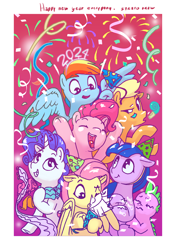 Size: 2048x2909 | Tagged: source needed, safe, artist:stratodraw, applejack, fluttershy, pinkie pie, rainbow dash, rarity, spike, twilight sparkle, earth pony, pegasus, pony, unicorn, g4, confetti, happy new year, happy new year 2024, hat, high res, holiday, mane seven, mane six, party hat, party horn, passepartout, streamers