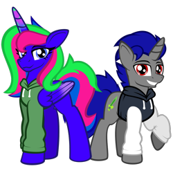 Size: 937x937 | Tagged: safe, artist:zeka10000, oc, oc only, oc:adorie, oc:enigan, alicorn, pony, unicorn, 2024 community collab, derpibooru community collaboration, .svg available, clothes, duo, duo male and female, female, hoodie, horn, long hair, looking at you, male, mare, paint, simple background, size difference, smiling, spiky hair, spiky mane, stallion, svg, transparent background, vector, wings