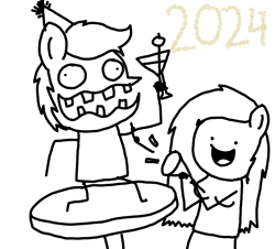 Size: 3351x3023 | Tagged: safe, artist:professorventurer, oc, oc:cassie venturer, oc:professor venturer, pony, anthro, 2024, confetti, drunk, happy new year, hat, high res, holiday, martini glass, party favor (object), party hat, stick figure, stylistic suck, table