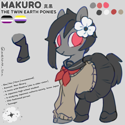 Size: 4096x4096 | Tagged: safe, artist:metaruscarlet, oc, oc:makuro, earth pony, pony, asexual pride flag, clothes, earth pony oc, english, flower, gray background, japanese, kanji, nonbinary pride flag, pride, pride flag, sailor uniform, shoes, simple background, socks, solo, uniform