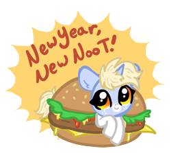 Size: 834x744 | Tagged: safe, artist:nootaz, oc, oc only, oc:nootaz, pony, unicorn, burger, cheeseburger, coat markings, female, food, freckles, hamburger, happy new year, holiday, mare, ponies in food, simple background, smiling, socks (coat markings), solo, transparent background