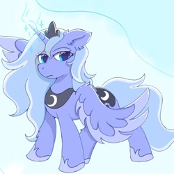 Size: 720x720 | Tagged: artist needed, safe, princess luna, alicorn, pony, g4, colored wings, colored wingtips, ear fluff, eye clipping through hair, eyebrows, eyebrows visible through hair, frown, full body, looking at you, s1 luna, solo, sparkles, spread wings, two toned wings, wings