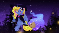 Size: 3840x2160 | Tagged: safe, artist:lbrcloud, oc, oc only, alicorn, pony, alicorn oc, broom, flying, flying broomstick, hat, high res, horn, solo, wings, witch hat