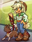 Size: 828x1104 | Tagged: safe, artist:sparkytopia, applejack, winona, dog, human, equestria girls, g4, boots, canterlot high, clothes, cowboy boots, cowboy hat, cute, female, hat, jackabetes, open mouth, open smile, ponied up, pony ears, shoes, smiling, solo