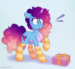 Size: 1978x1813 | Tagged: safe, artist:skysorbett, misty brightdawn, pony, unicorn, g5, alternate hairstyle, chest fluff, clothes, cute, ears back, female, freckles, mare, mistybetes, present, raised hoof, rebirth misty, simple background, socks, solo, striped socks, surprised, wide eyes