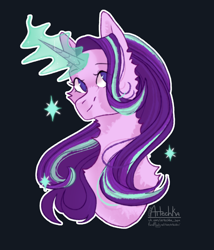 Size: 3516x4110 | Tagged: safe, artist:artem66633, starlight glimmer, pony, unicorn, g4, black background, bust, female, glowing, glowing horn, horn, mare, neck fluff, signature, simple background, smiling, solo