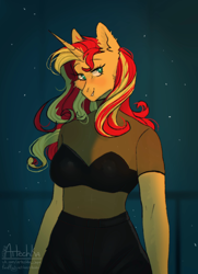 Size: 1562x2160 | Tagged: safe, artist:artem66633, sunset shimmer, unicorn, anthro, g4, blushing, bra, breasts, busty sunset shimmer, cheek fluff, clothes, ear fluff, female, mare, see-through, see-through shirt, shirt, solo, underwear