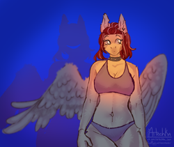 Size: 5000x4219 | Tagged: safe, artist:artem66633, oc, oc only, pegasus, anthro, absurd resolution, belly button, blue background, bra, breasts, choker, cleavage, clothes, commission, female, mare, one wing out, panties, shadow, simple background, solo, spiked choker, underwear, wings