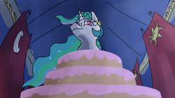 Size: 1920x1080 | Tagged: safe, artist:maso, princess celestia, alicorn, pony, g4, banner, cake, cakelestia, ethereal mane, female, flag, food, krita, looking at you, looking down at you, mare, night, smiling