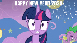 Size: 520x293 | Tagged: safe, edit, edited screencap, editor:quoterific, screencap, applejack, spike, twilight sparkle, alicorn, g4, horse play, 2024, animated, fireworks, floppy ears, happy new year, happy new year 2024, holiday, twilight sparkle (alicorn)