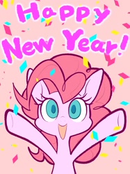 Size: 1535x2048 | Tagged: safe, artist:noupu, pinkie pie, earth pony, pony, g4, bust, colored pupils, confetti, cute, diapinkes, female, happy new year, happy new year 2024, holiday, mare, open mouth, open smile, pink background, simple background, smiling, solo, spread hooves