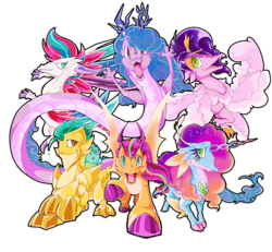 Size: 4738x4370 | Tagged: safe, artist:thurder2020, hitch trailblazer, izzy moonbow, misty brightdawn, pipp petals, sunny starscout, zipp storm, dragon, g5, dragonified, happy new year, happy new year 2024, holiday, mane five, mane six (g5), mane stripe sunny, rebirth misty, simple background, species swap, white background, year of the dragon