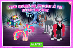 Size: 1957x1297 | Tagged: safe, gameloft, lord tirek, pinkie pie, centaur, earth pony, pony, taur, g4, my little pony: magic princess, official, apple, bush, cloven hooves, english, female, food, game screencap, horns, limited-time story, male, mare, mobile game, rainbow power, rainbow power-ified, text