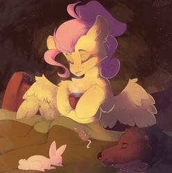 Size: 3968x4000 | Tagged: safe, artist:avery-valentine, fluttershy, bear, pegasus, pony, rabbit, rat, g4, animal, coffee, coffee cup, cup, eyes closed, spread wings, wings