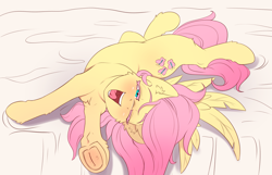 Size: 3105x1995 | Tagged: safe, artist:alcor, fluttershy, pegasus, pony, g4, bed, behaving like a cat, blanket, colored eyelashes, cute, female, frog (hoof), high res, lidded eyes, looking at you, mare, messy mane, morning ponies, one eye closed, open mouth, pink eyelashes, shyabetes, solo, stretching, stupid sexy fluttershy, teeth, tongue out, underhoof, uvula, wings, yawn