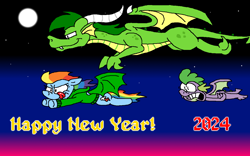 Size: 1280x800 | Tagged: safe, artist:dragonboi471, artist:rainbowdashsmailbag, rainbow dash, spike, oc, oc:turc grayson, dragon, pony, g4, clothes, happy new year, holiday, hoodie, winged spike, wings, year of the dragon